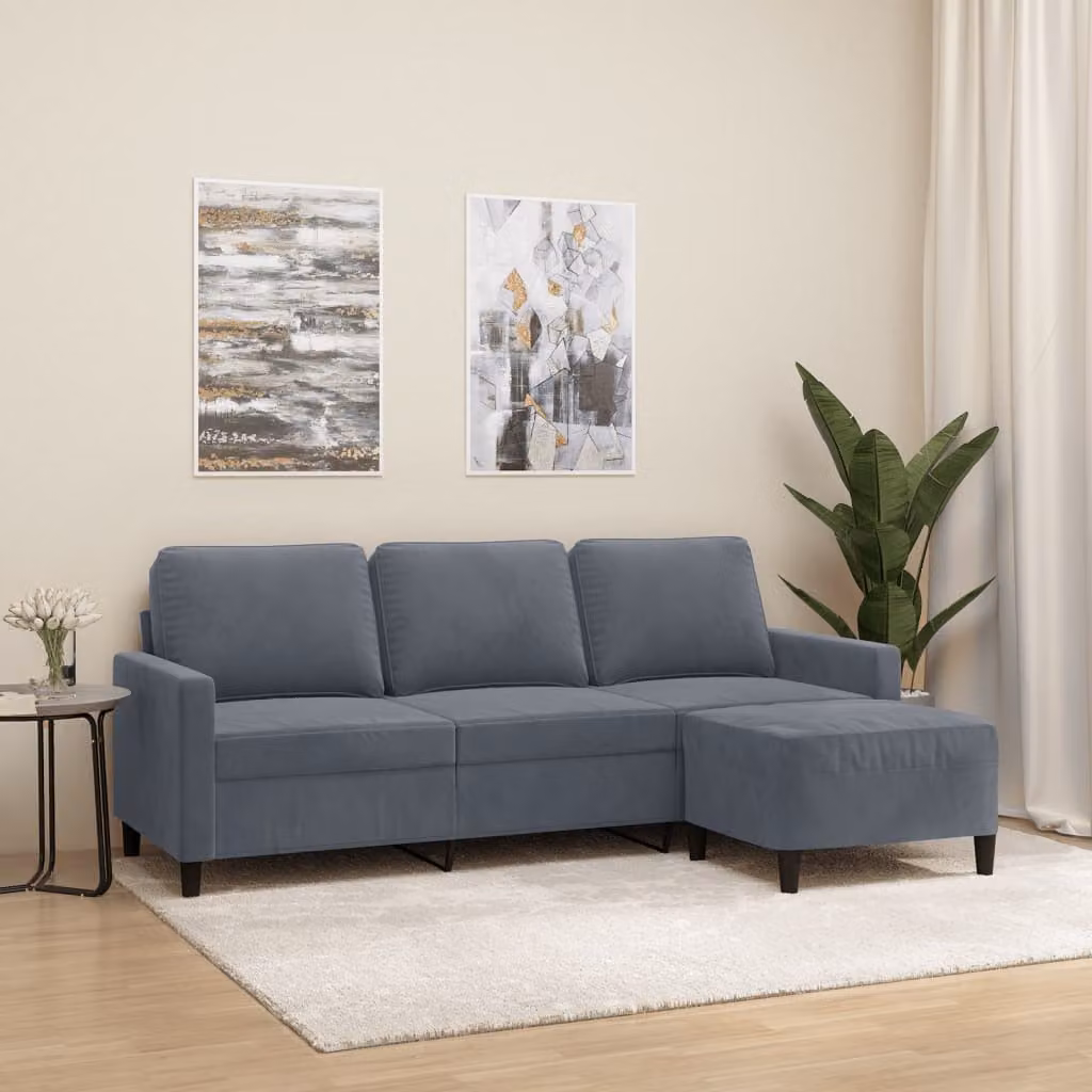 vidaXL Divano a 3 Posti con Poggiapiedi in Velluto Grigio, L: 198 cm, P: 80 cm, H: 77 cm – 1