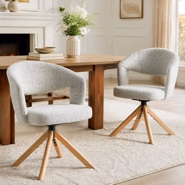 Set di 2 sedie girevoli REDOM in tessuto grigio e legno massello per soggiorno o ufficio, Altezza: 81,5 cm