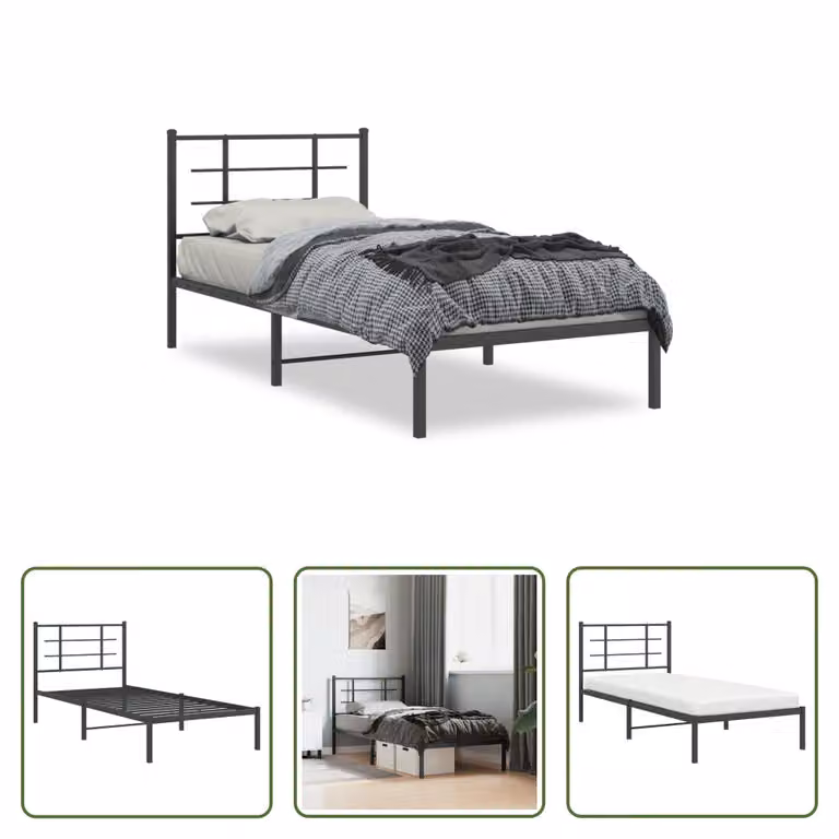 The Living Store Struttura letto con testiera in metallo nero 90x200 cm