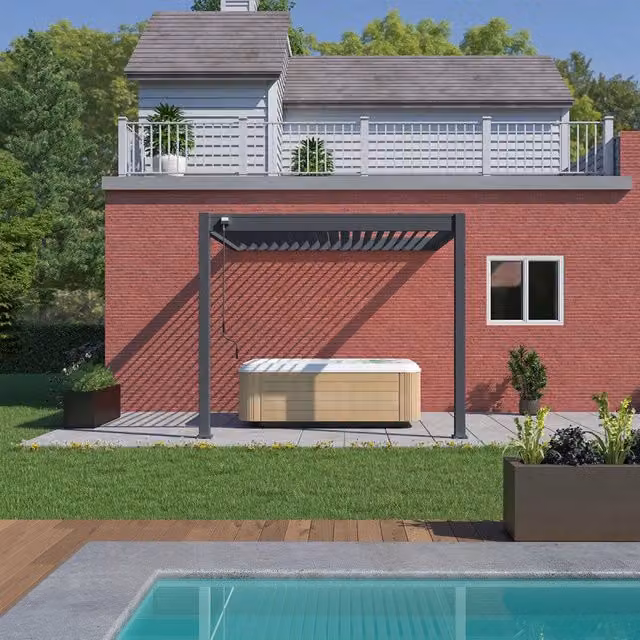 Pergola bioclimatica addossata Ombréa VS colore Antracite con tenda inclusa L: 300 cm, P: 300 cm