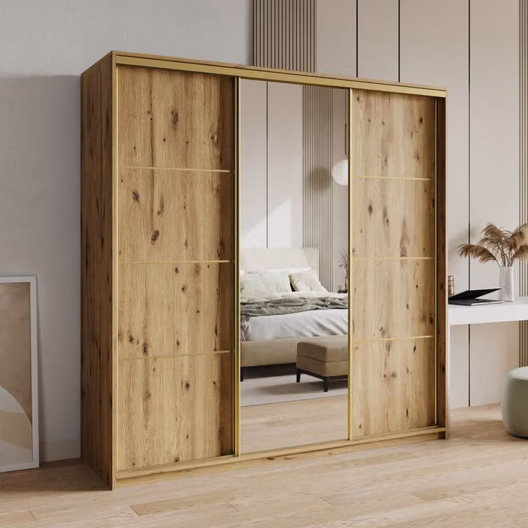 Armadio scorrevole Masseno VARO 180/205/60 cm Armadio con 4 cassetti Armadio per camera da letto a 3 ante con specchio Rovere Artisan