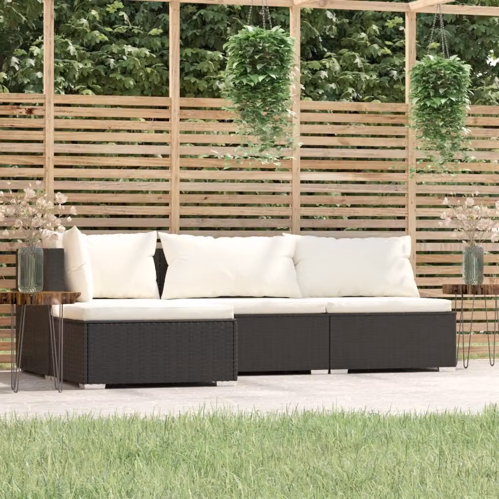 The Living Store Set da giardino 4 pezzi con cuscini in poly rattan nero
