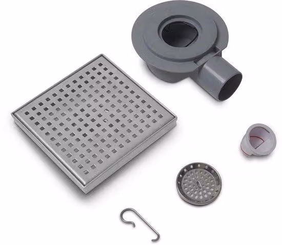 Canaletta doccia in acciaio inossidabile 150x150 mm, scarico a pavimento, scarico perimetrale con sifone a 360°, con sifone anti-odori