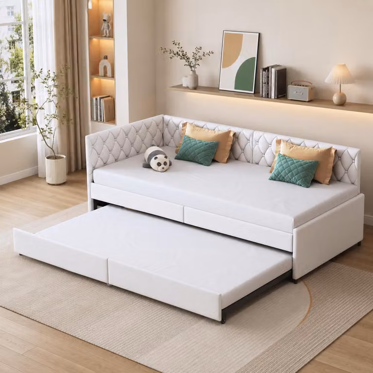 Divano letto INONEFT, 90x200 cm, con meccanismo estraibile, trasformabile in letto singolo imbottito con rete a doghe e braccioli, rivestito in velluto, colore beige, senza materasso