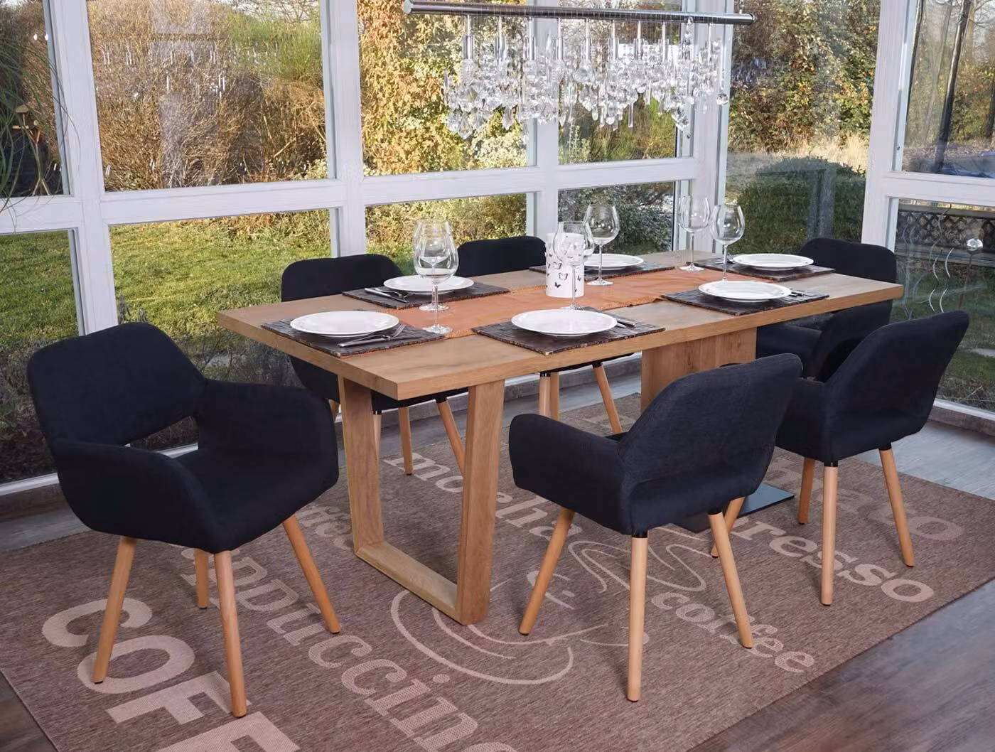 set di 6 sedie per sala da pranzo HWC-A50 II, sedia da cucina, design retrò anni '50 ~ tessuto, nero-grigio, gambe chiare