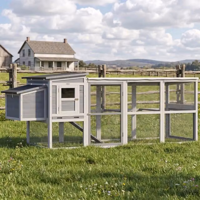 Pollaio da Esterno per 3-4 Galline con Recinto Casetta Nido Tetto in Asfalto Grigio 264x82x89cm