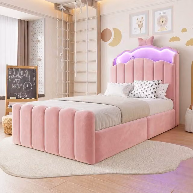 Letto per Bambini 90x200 cm con Contenitore Idraulico; Testiera a Fiocco; LED e Prese USB; Velluto Rosa