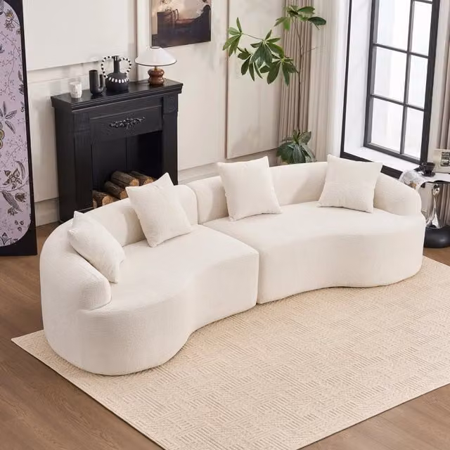 Divano angolare modulare 4 posti con design curvo in ciniglia, seduta comoda, bianco 275 × 115 × 63 cm