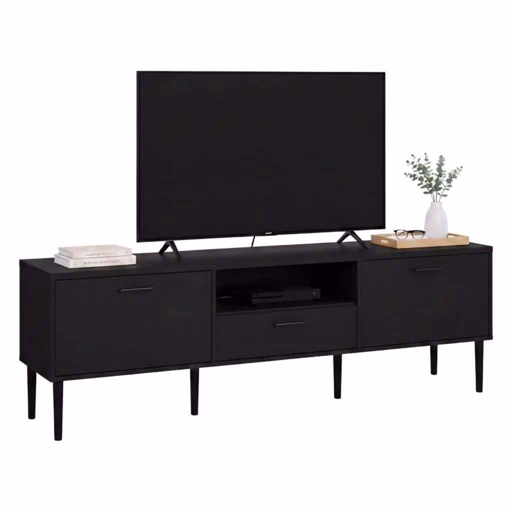 Mobile porta TV Anselme DMORA, Credenza moderna per soggiorno in legno nero opaco, L: 177,2 cm, P: 39,8 cm, H: 56,8 cm – 2