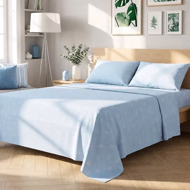 Completo letto matrimoniale foglie azzurro