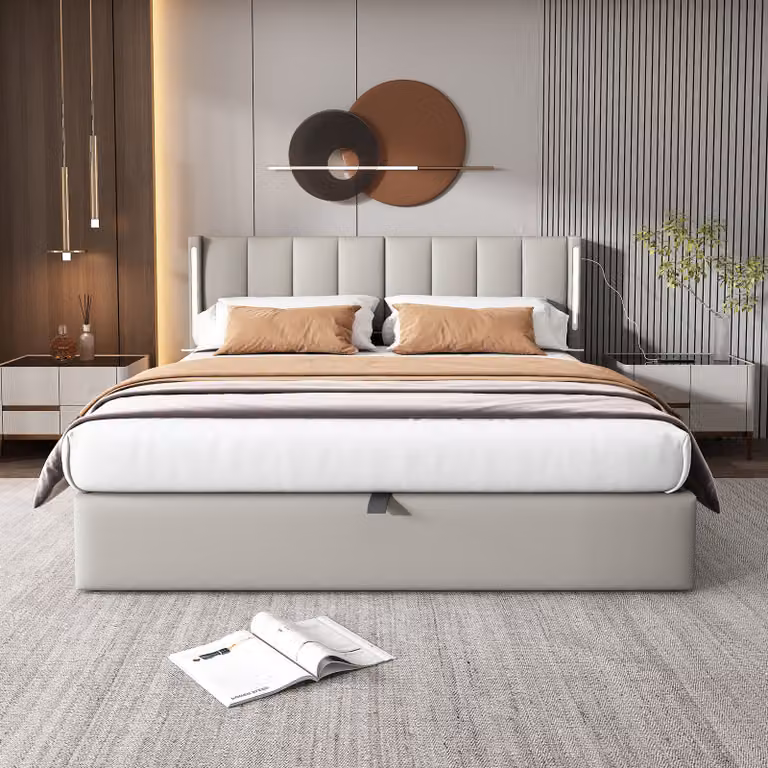 Letto boxspring MODFU idraulico 140 x 200 cm con retroilluminazione a LED, letto imbottito funzionale con porta di ricarica USB, letto matrimoniale con contenitore,Poliuretanogrigio (senza materasso)
