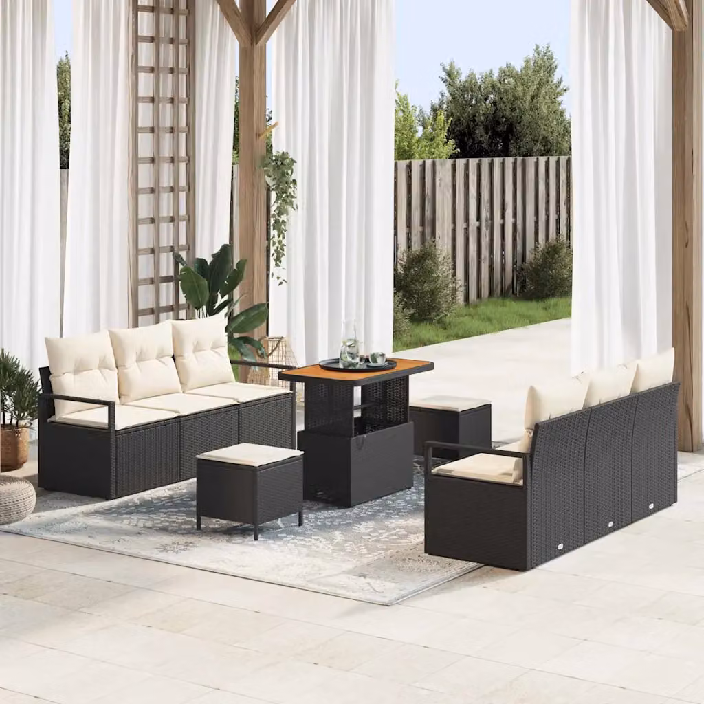 Set Divano da Giardino Moderno vidaXL 9 Pezzi Nero con Cuscini e Tavolino in Legno di Acacia e Metallo – 1
