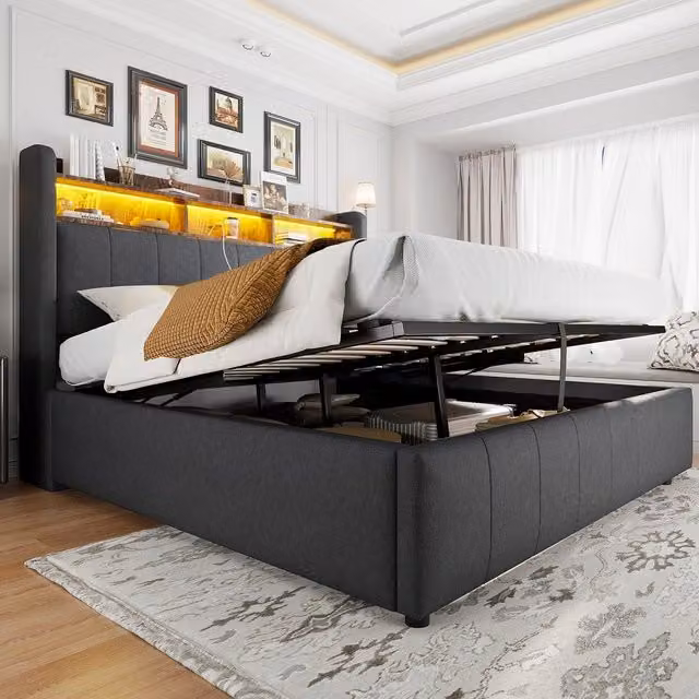 Letto Imbottito Contenitore Matrimoniale con LED ¨C Xylo ¨C Tessuto Grigio, Idraulico, 160x200