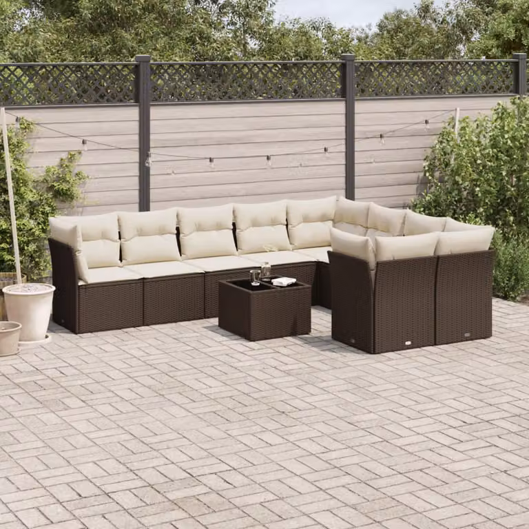 vidaXL Set Divani da Giardino a L con Cuscini in Polyrattan e Tavolino da Esterno, Marrone e Bianco