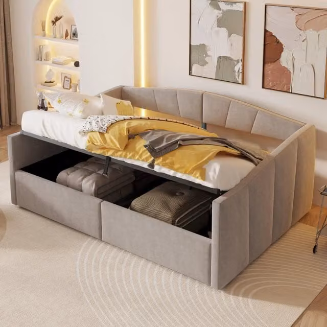 Letto divano matrimoniale OKWISH in velluto grigio con contenitore idraulico e braccioli, L/P/H: 140 x 200 cm