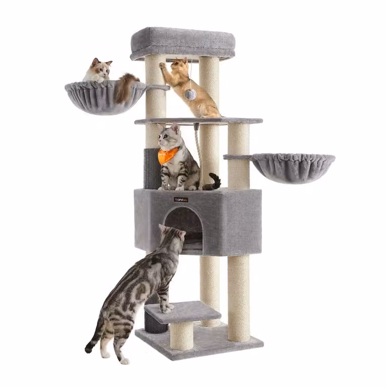 Albero Tiragraffi per Gatti Grandi con Tappeti Autoriscaldanti Pattine, Grigio Tortora + Bianco Crema