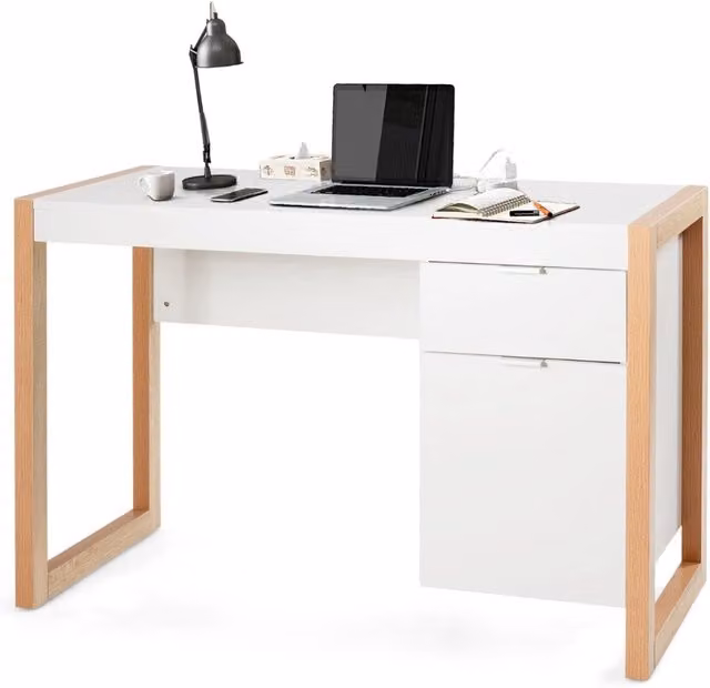 Scrivania moderna per computer con armadietto e cassetto per casa e ufficio, Postazione di lavoro elegante Bianco