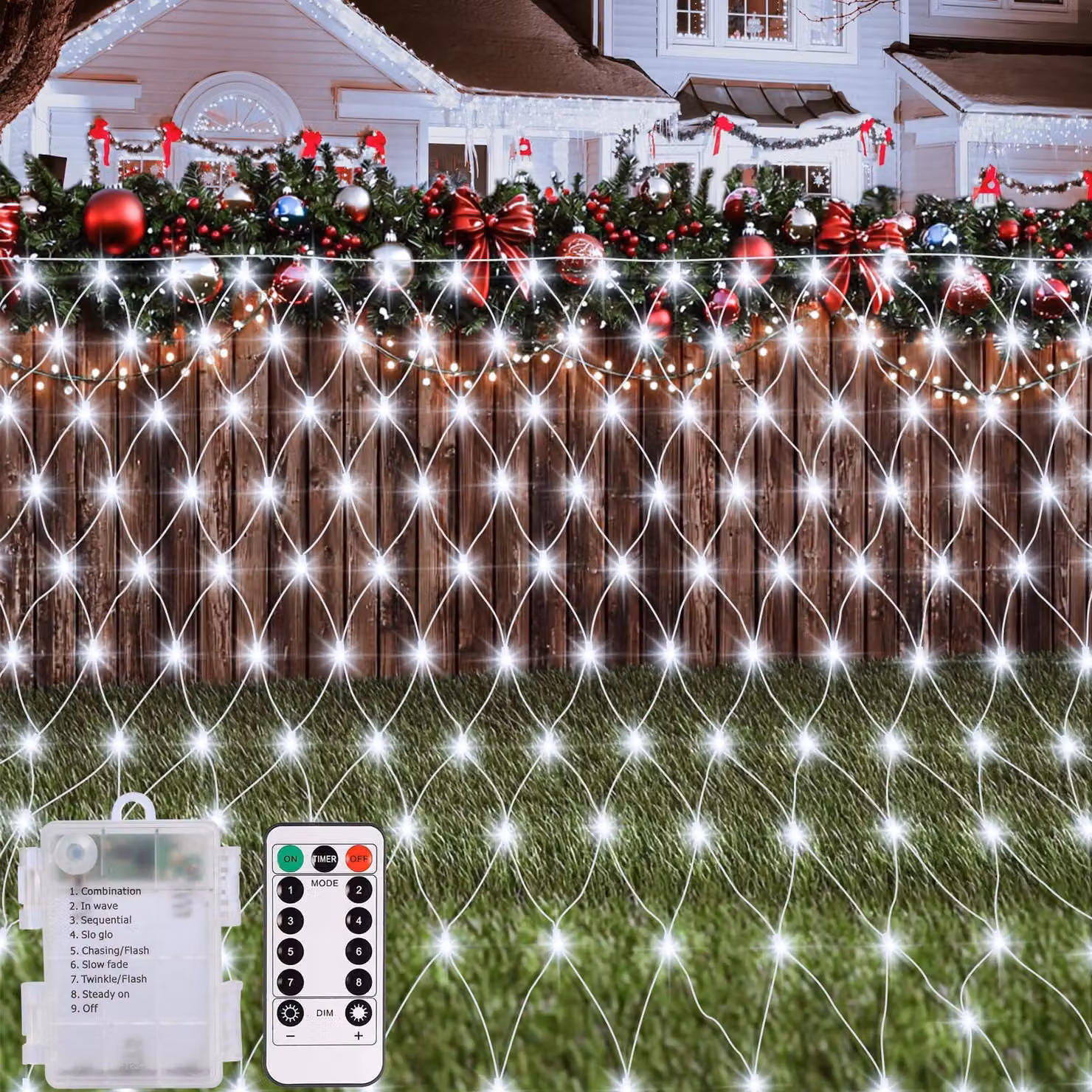 Catena luminosa da esterno, 1,5x1,5 metri, luce bianca fredda, 100 LED, dimmerabile, con timer, 8 modalità