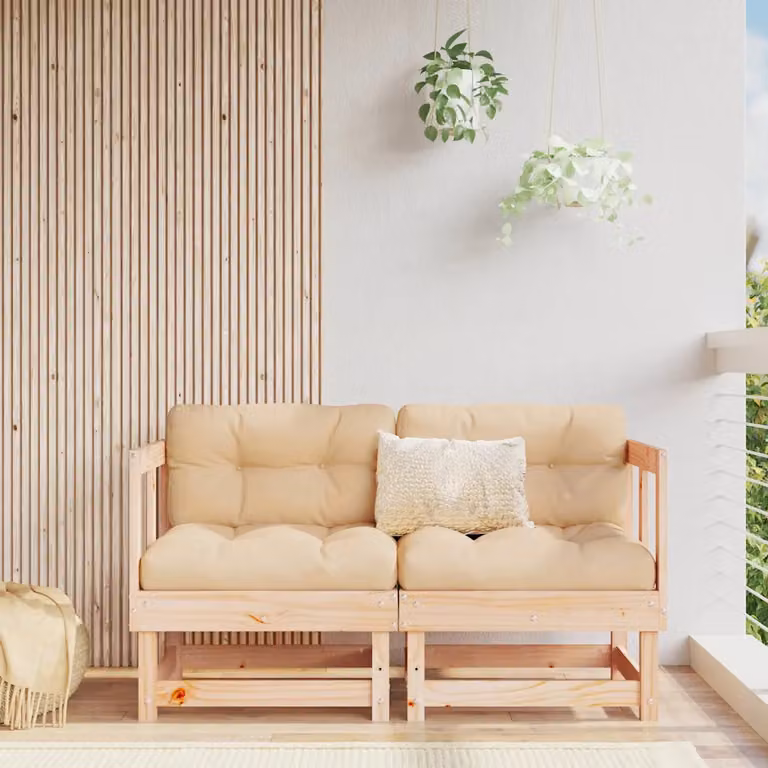 Set di 2 divani angolari da giardino vidaXL in legno massello di pino color marrone con cuscini beige