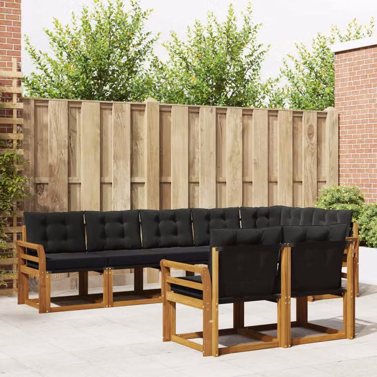 Set di divani da esterno vidaXL a forma di L composto da 8 pezzi in legno di acacia e tessuto textilene, colore marrone e nero