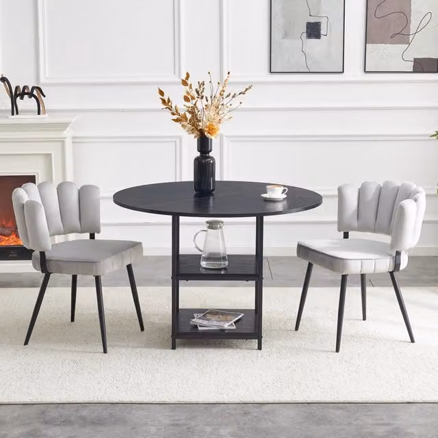 Set tavolo e sedie con tavolo rotondo e 2 sedie, 2 ripiani, in tessuto, MDF e metallo, nero e grigio chiaro