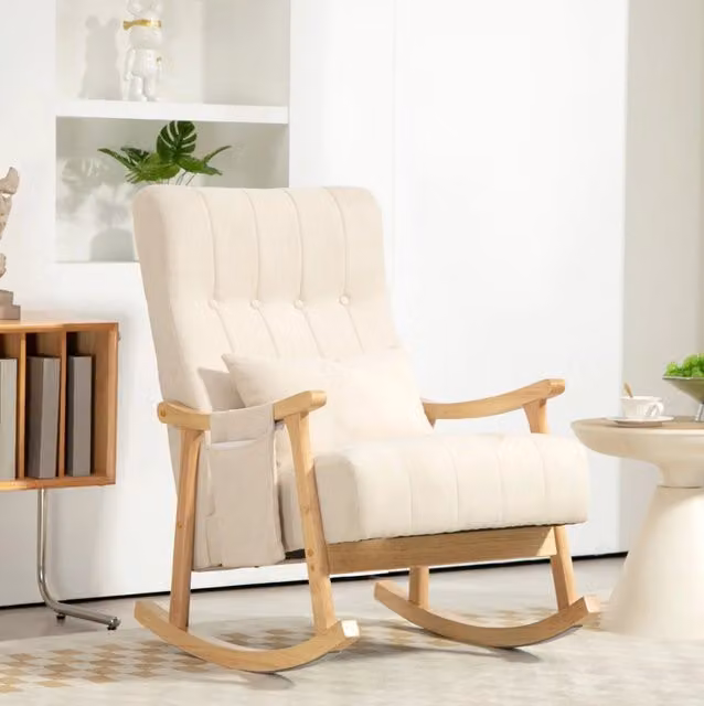 Poltrona a dondolo 65x90x98 cm con tasche laterali e cuscino lombare in poliestere beige
