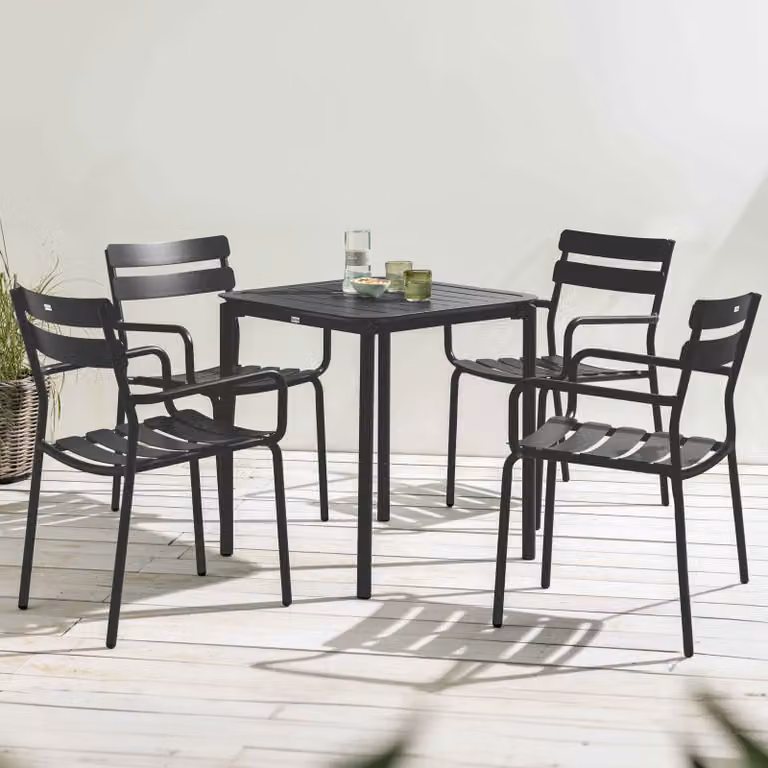 Tavolo quadrato da terrazza (70 x 70 cm) e 4 poltrone nere - Oviala Almada