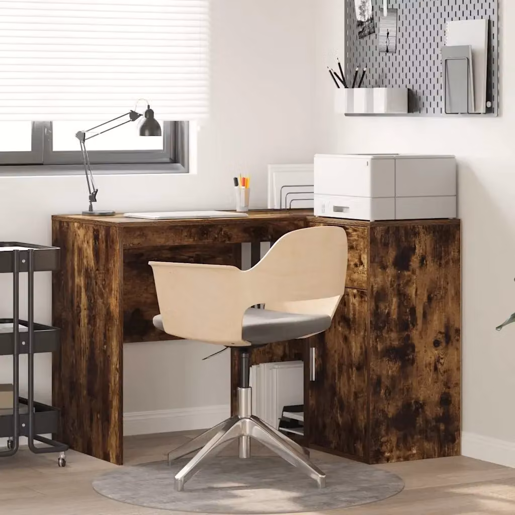 Scrivania ad angolo moderna con cassetto in rovere fumè, L: 102 cm, P: 88 cm, H: 75 cm – 2