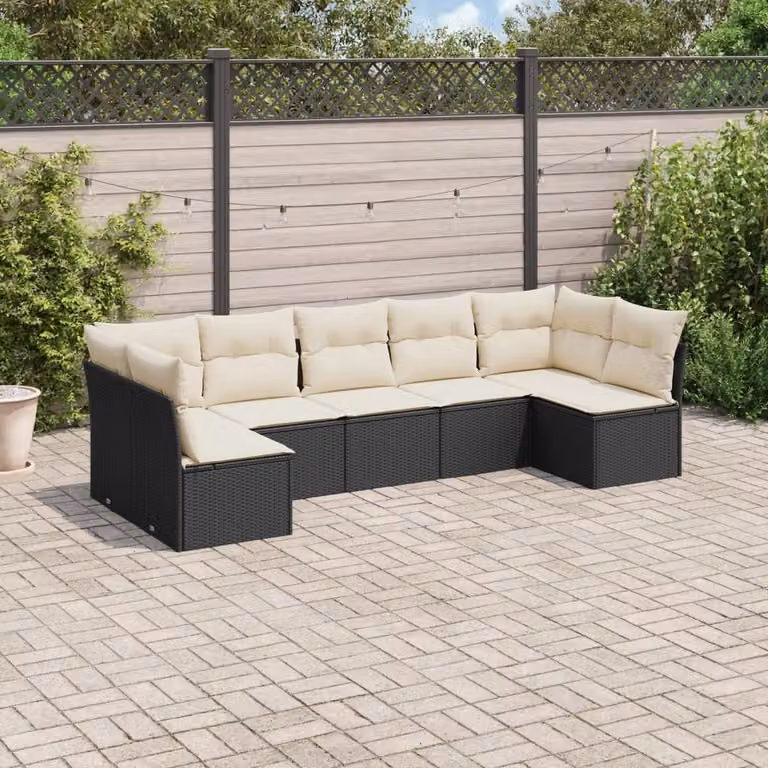 Set di divani da giardino vidaXL a forma di L in polyrattan nero con 7 cuscini inclusi