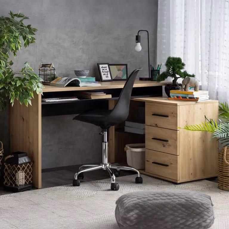 Dmora Scrivania Sapri 138x102x75h cm Marrone Rovere Nodi, Angolare 3 Ripiani