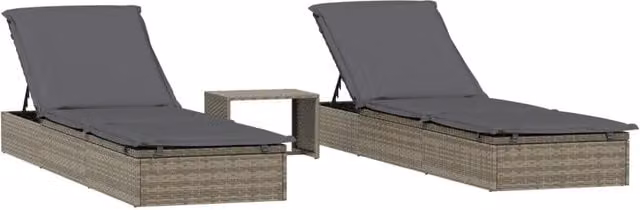 Lettini Prendisole 2 pz | Sdraio da giardino | Lettino da sole con Tavolino Grigio in Polyrattan