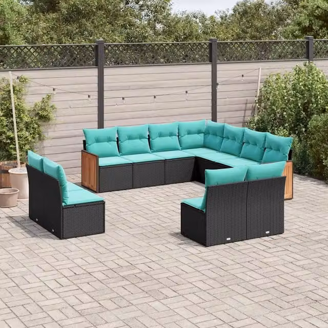Set di Divani da Giardino a Forma di U vidaXL in Polyrattan Nero con Cuscini Blu e Turchese – 1