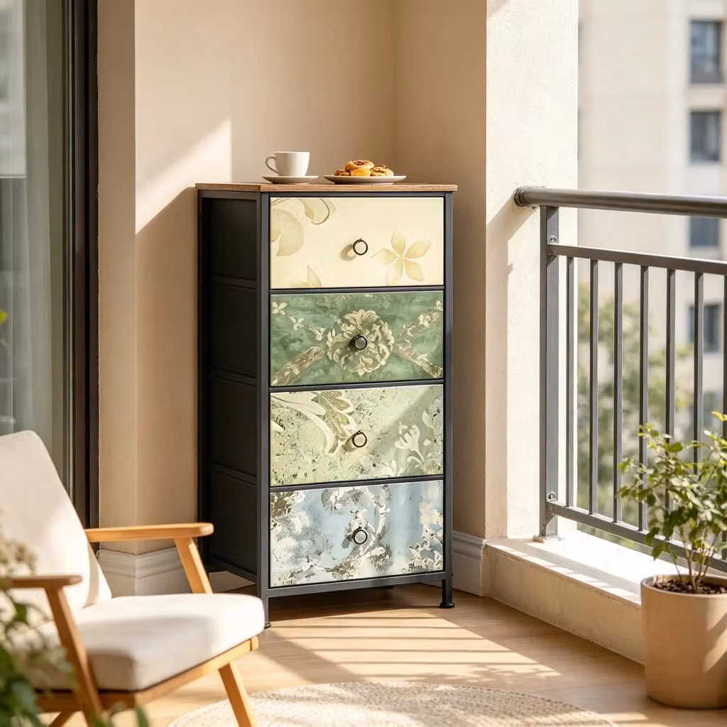 Cassettiera Mivray con 4 cassetti in tessuto con motivo floreale multicolore, struttura in metallo e legno, L: 45 cm, P: 30 cm, H: 94.5 cm – 2