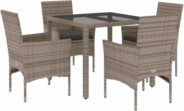 Set da Pranzo da Giardino 5 Pezzi in Polyrattan Grigio con Tavolo in Vetro e Cuscini – 1