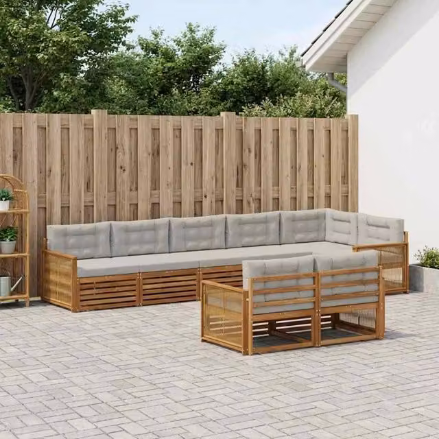 Set di divani da esterno a L vidaXL in legno di acacia con cuscini beige e grigi