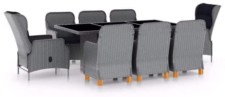 Set da giardino grigio chiaro, realizzato in rattan sintetico - Tavolo con piano in vetro - 9 pezzi