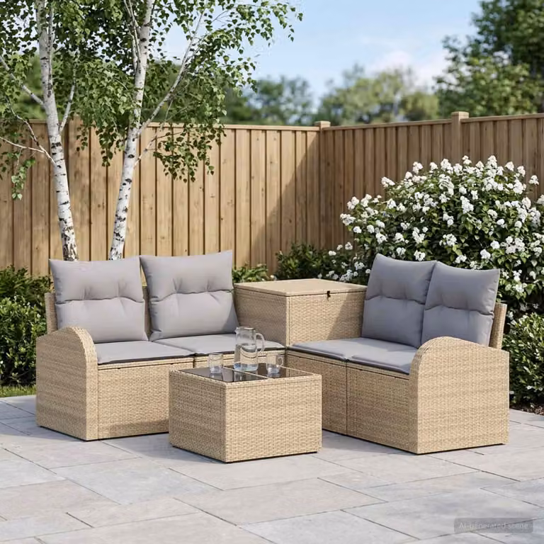 vidaXL Set di divani da giardino componibile 6 pezzi con tavolino e pouf, design moderno a L, beige e grigio
