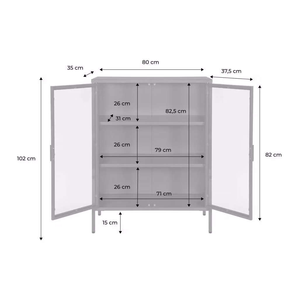 Vetrina Sweeek in stile industrial in metallo e vetro con 2 ante e ripiani interni, colore nero opaco, L: 80 cm, H: 102 cm, P: 35 cm – 2