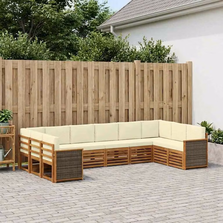 Set di divani da esterno vidaXL a forma di L composto da 7 pezzi in legno di acacia con cuscini, colore marrone e beige