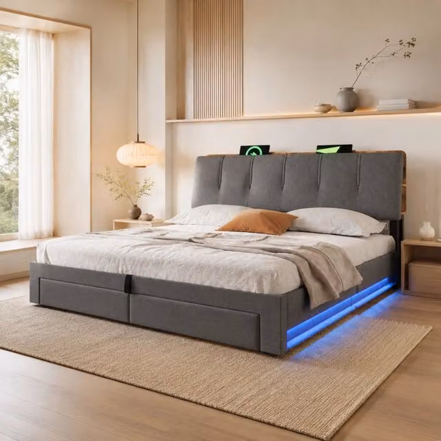Letto matrimoniale contenitore 180x200 cm con LED, USB-C e cassetti in lino grigio HAVRYA