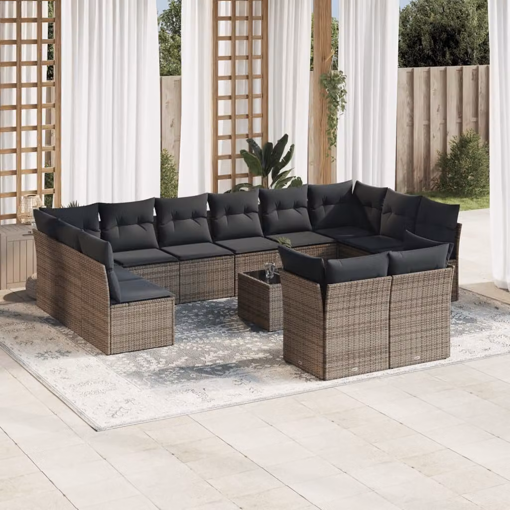 vidaXL Set Divani da Giardino 13 pz in Polyrattan Grigio con Cuscini e Tavolino da Esterno – 1
