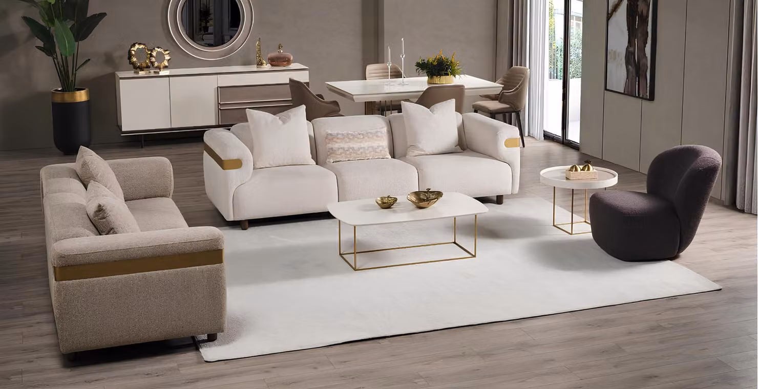 Moderne Beige Sofagarnitur 4+3 Sitzer + Sessel Wohnzimmer Luxus Set 3tlg