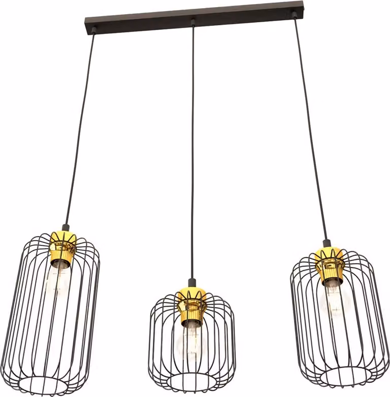 Lampada a sospensione in stile industriale, barra nera e dorata, 3 paralumi ovali in filo metallico, regolabile, VANDER 3xE27 15W Emibig