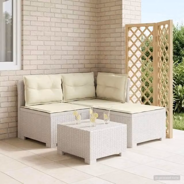 Divano da esterno-Divano da Giardino 3 posti con cuscini in look rattan PP Bianco 336699