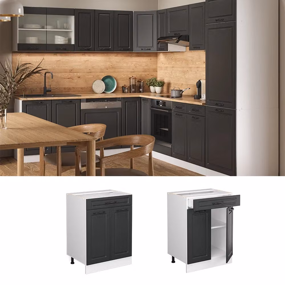 Mobiletto base per cucina Vicco R-Line stile rustico, colore antracite e bianco, con ante e cassetto, L: 60 cm – 2