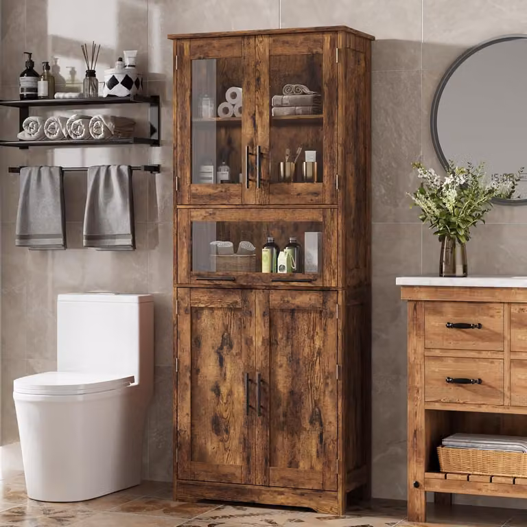 Armadio alto per cucina, 170 cm, legno marrone, stile retrò, 4 scomparti, 2 ante in legno, 2 ante in vetro, cassetto estraibile