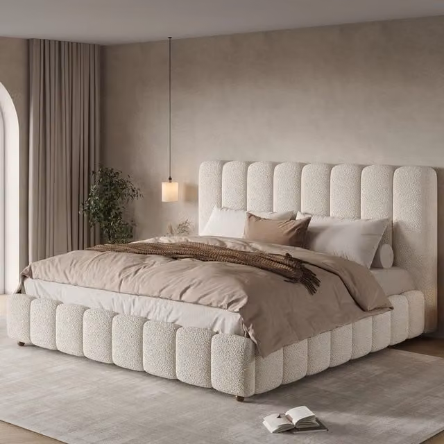 Letto matrimoniale 180x200 cm con rete a doghe e testiera imbottita in bouclé bianco