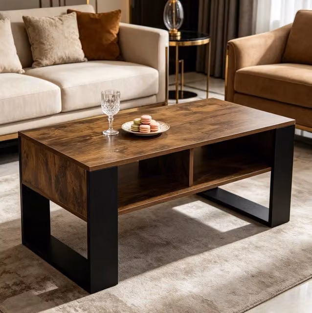 Tavolino da caffè 90x45x45,5 cm nero e marrone, 2 vani aperti, pannelli in legno E1