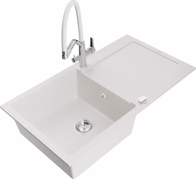 Mexen Leo lavello in granito a 1 vasca con scolapiatti e rubinetto cucina Duo, bianco - 6501-20-671701-02