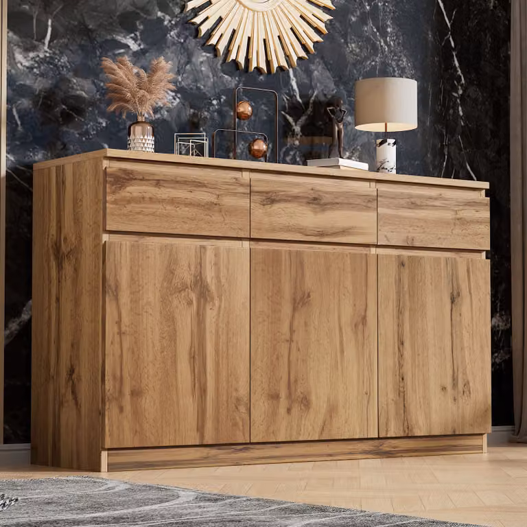 okwish Mobile da cucina, mobile multifunzionale in legno, 3 ante e 3 cassetti, spazioso mobile da cucina e da corridoio, 135x40x81 cm, colore legno
